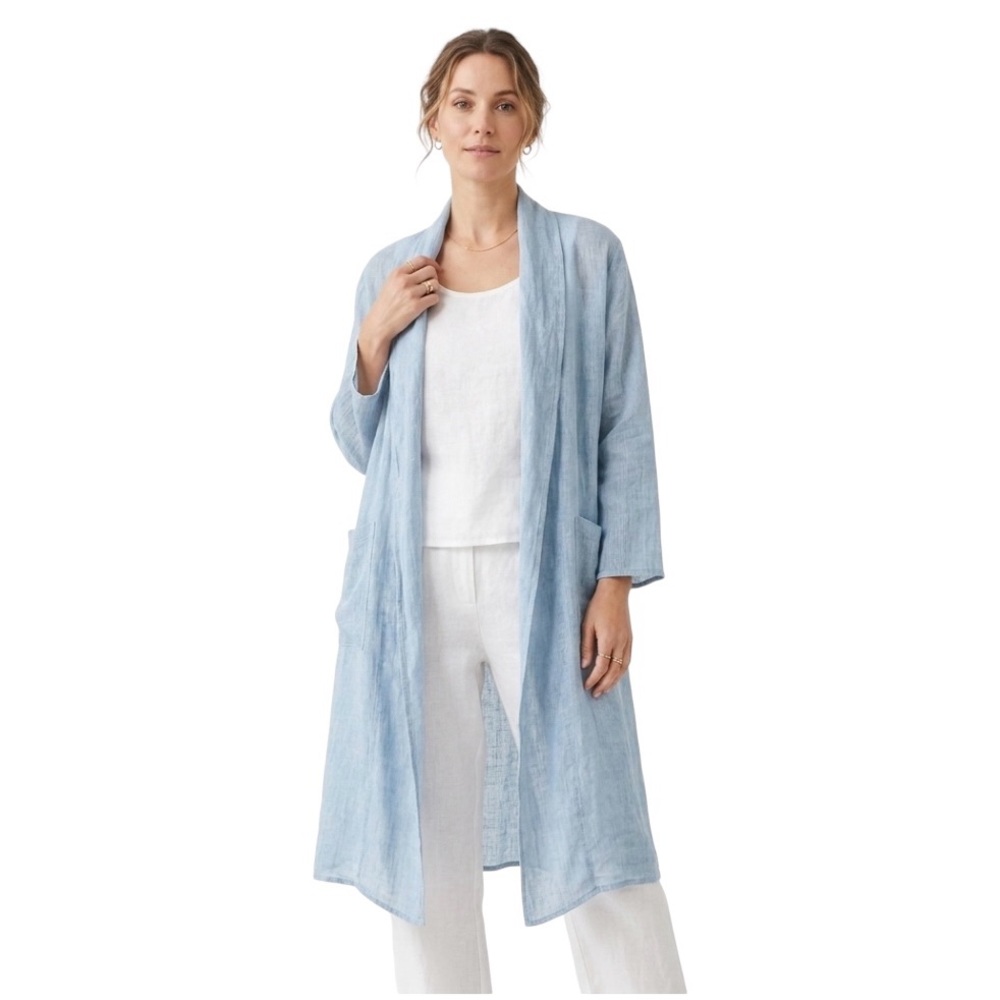 Magaschoni 100% Linen Open Front Cardigan Duster Sz M Blue Lagenlook Airy Beach